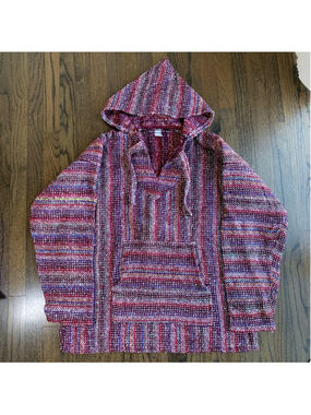 NWOT Mexican Baja Hoodie Pullover Hooded Jacket Burgundy Red Multicolor Size M